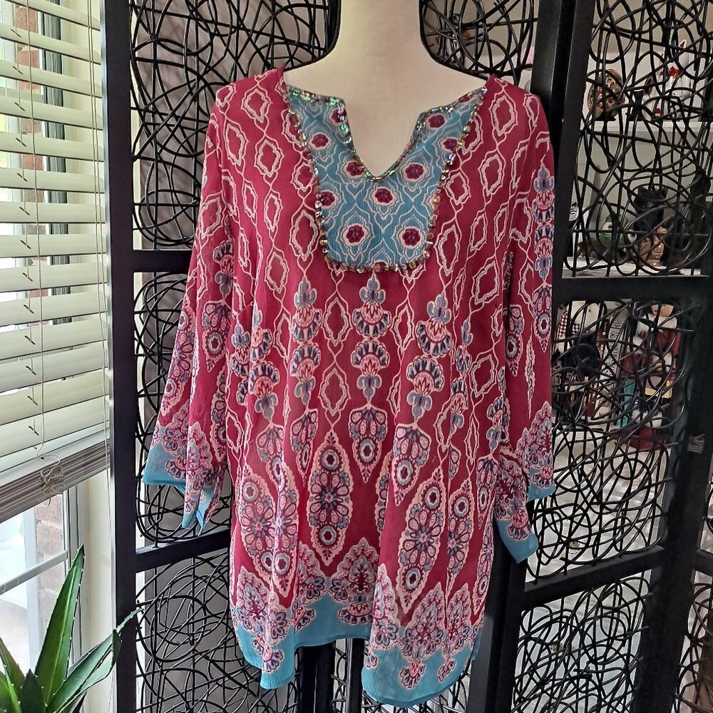 Lane Bryant Size 18/20 Sheer Tunic Top Dark Pink/Blue Sequin Embellishment